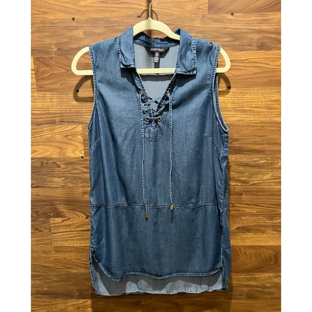 Ellen Tracy Denim Tunic Sleeveless Lace Up Detail Lightweight Blue Jean Medium